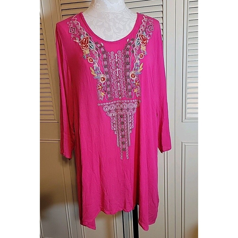 Women's embroidered Scoop Neck Boho Bohemian Top Tunic Blouse Size L/XL